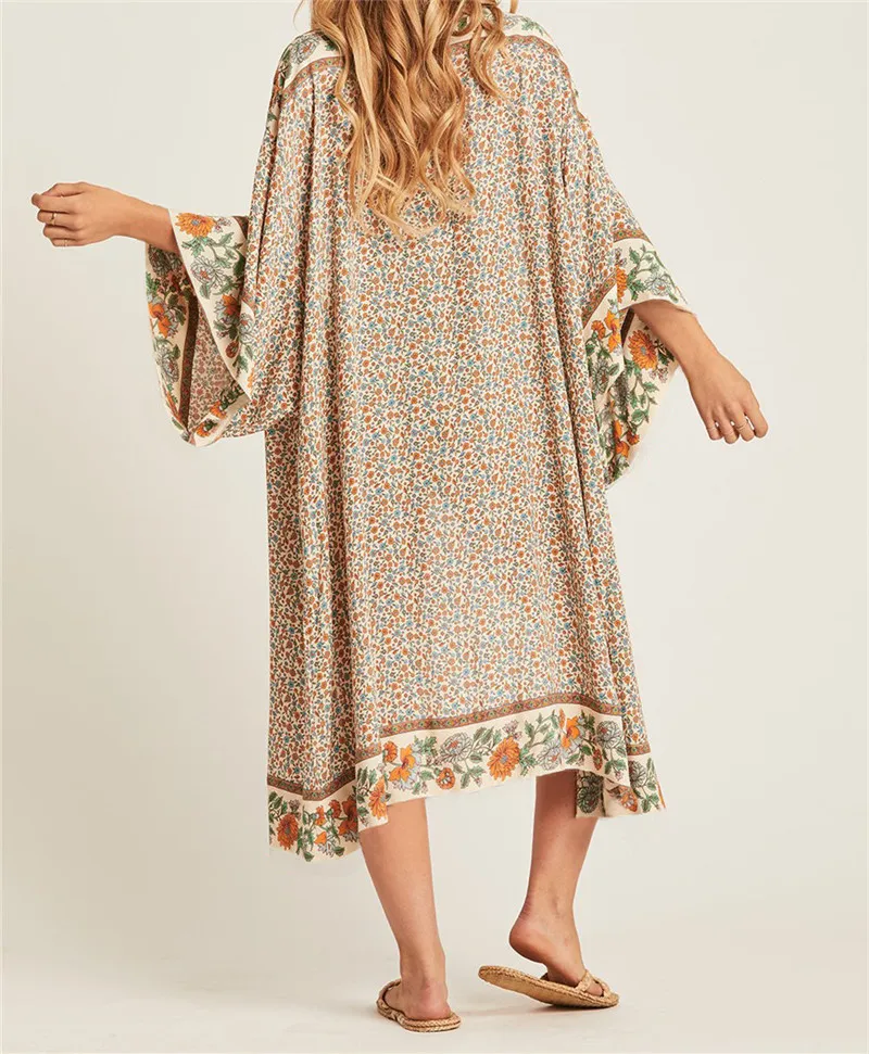 hirigin New Fashion Womens Cotton Floral Printed Cover-up Blouses Female Summer Beach Style Long Blouses Ladies Casual Shirts