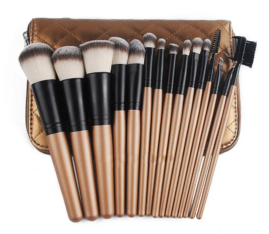 15Pcs Professional Makeup Brush Set Foundation Blusher Powder Eyeshadow Eyeliner Kabuki Brushes With Gold Zip Case