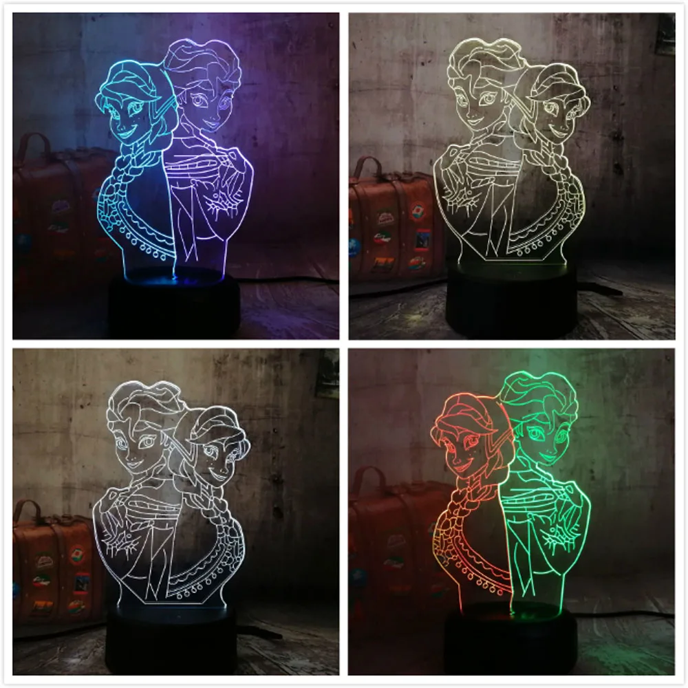 3D LED Ночник светильник Эльза/Анна девочка лампа для принцесс мультяшная фигура