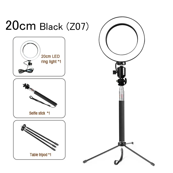 Светодиодный кольцевой светильник с регулируемой яркостью для студийной камеры, фото-телефон, видео-светильник с штативами, селфи-палка, кольцевой светильник для Canon Nikon - Цвет: 20cm black