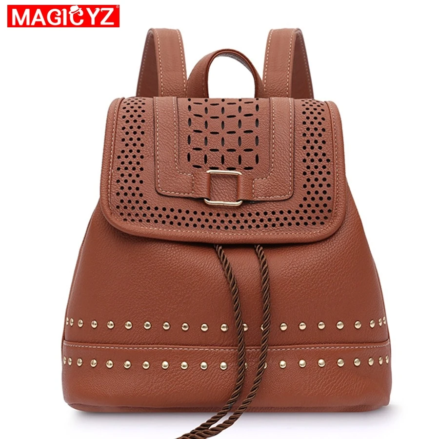 

MAGICYZ Hollow out women leather backpack teenage backpacks for girls vintage feminine backpack bags female For youth sac a dos