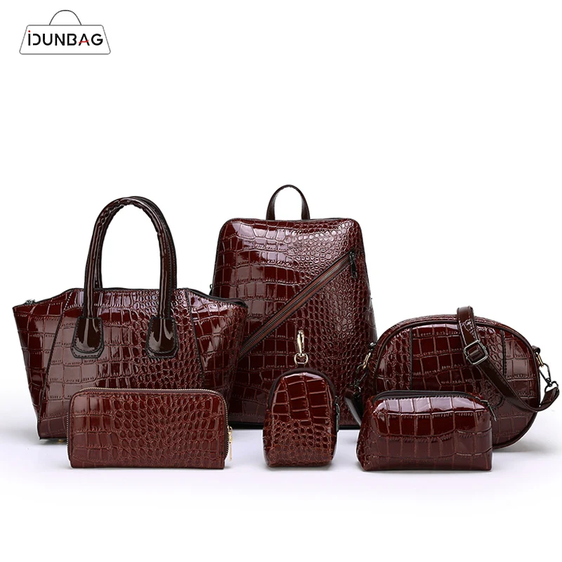 

IDUNBAG 6 Set Bags Luxury Crocodile Women Bag Patent Leather Women Handbags Set Large Capacity Shoulder Bag Female Tote Bag