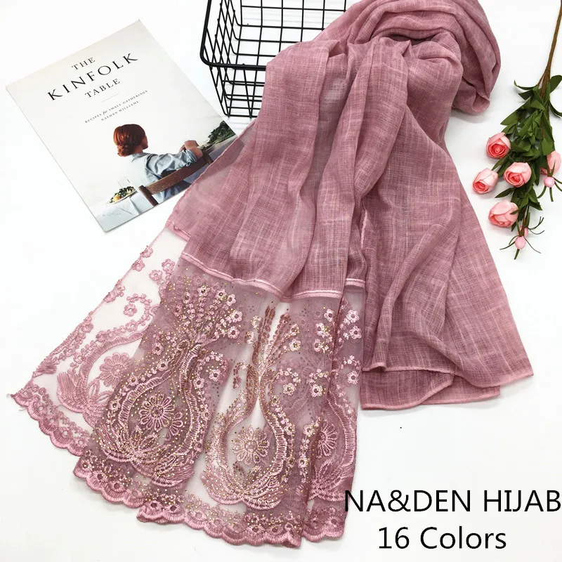 

1PCS Hot sale flower lace hot diamonds viscose plain solid scarf lace floral edges shawl muslim women hijabs fashion wraps