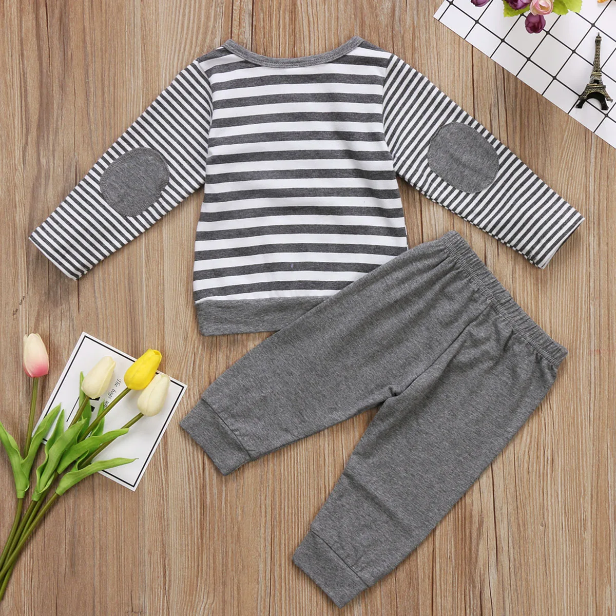 Модный топ в полоску для новорожденных девочек и мальчиков, Повседневная футболка, рубашка длинные штаны, комплект одежды для детей от 0 до 24 месяцев