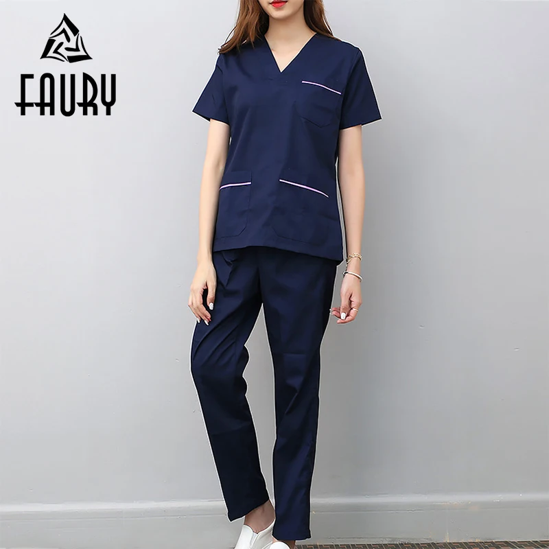 

V Neck Summer Short Sleeve Women Work Tops Pants Scrub Sets Hospital Doctor Nurse Surgical Suit Dentist Clinic Medical Uniforms