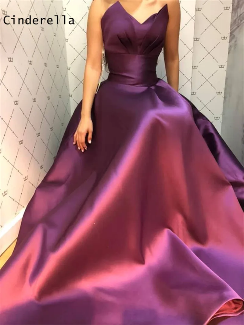 

Cinderella Purple Sleeveless A-Line Lace Up Back High Quality Satin Pleated Evening Dresses vestidos de fiesta de noche