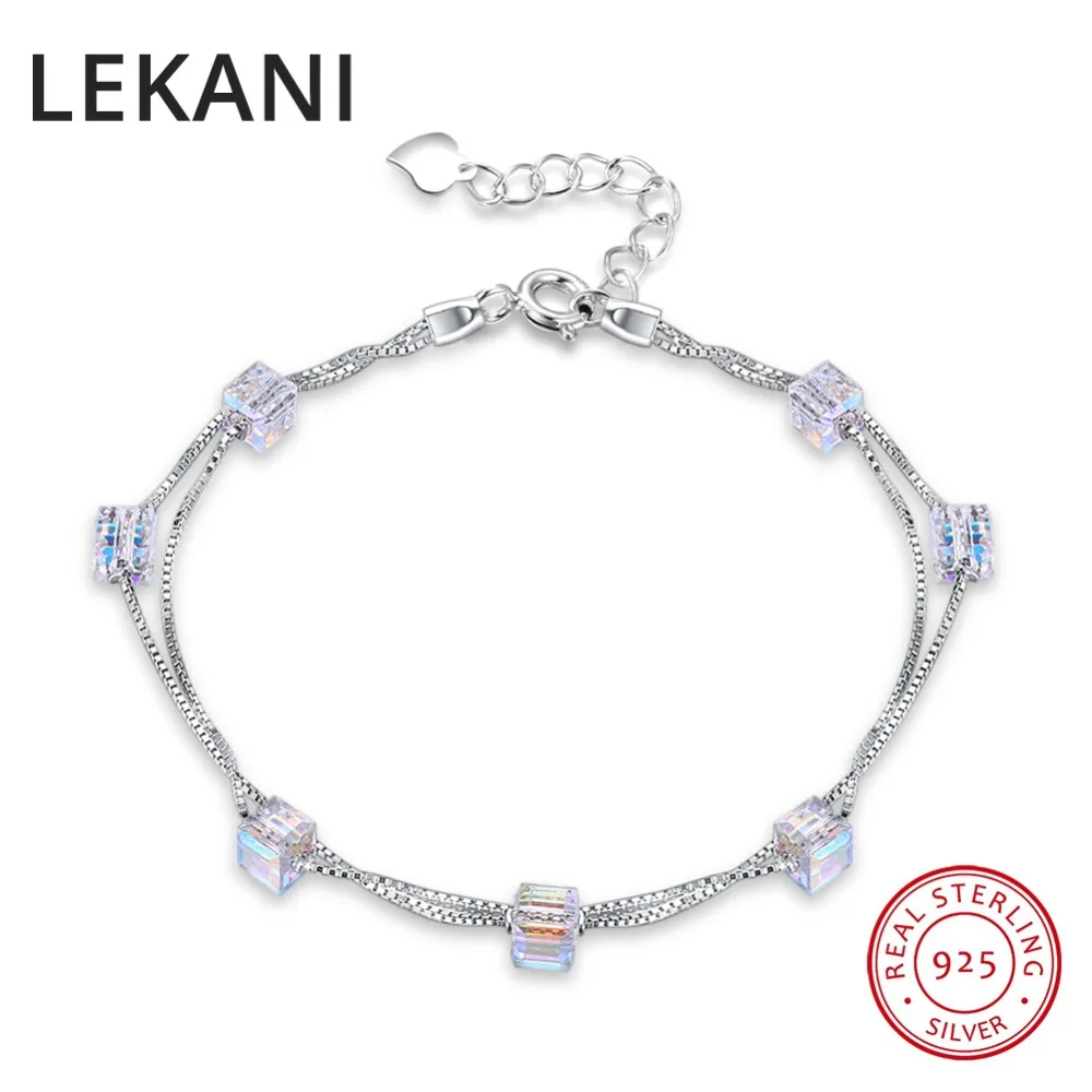 LEKANI, квадратные кристаллы от SWAROVSKI, серебро 925, Двойная Цепочка, браслет, браслеты, бусины, аксессуары для женщин, хорошее ювелирное изделие