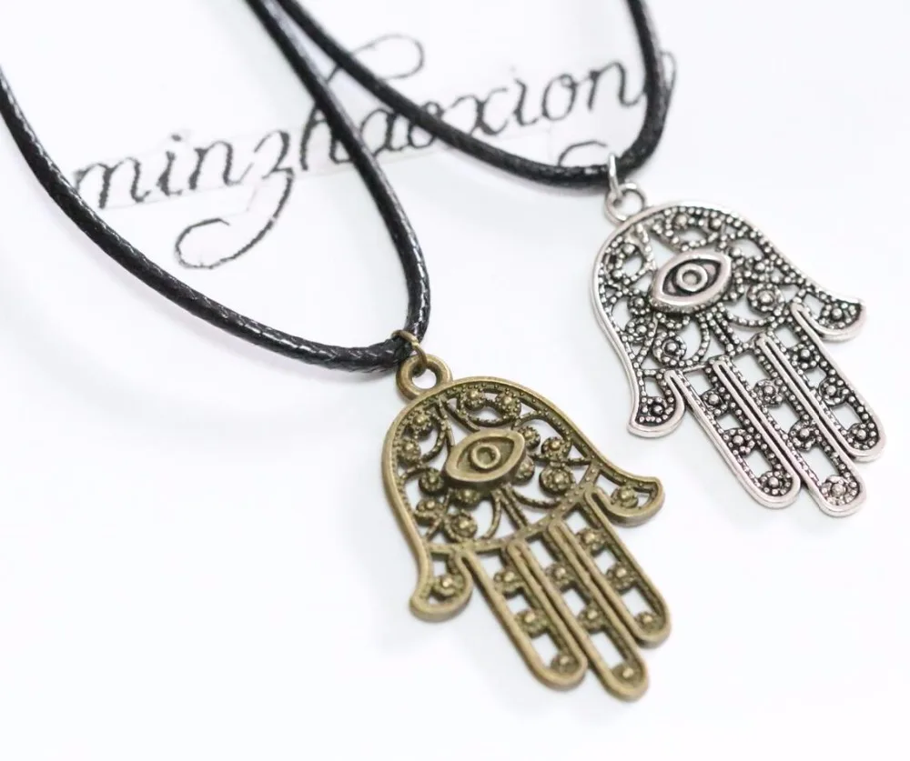 

Hamsa Fatima Hand Evil Eye Pendant Necklace Vintage Ancient Bronze Silver Choker Charms Hippy Necklace Jewish Judaica Kabbalah