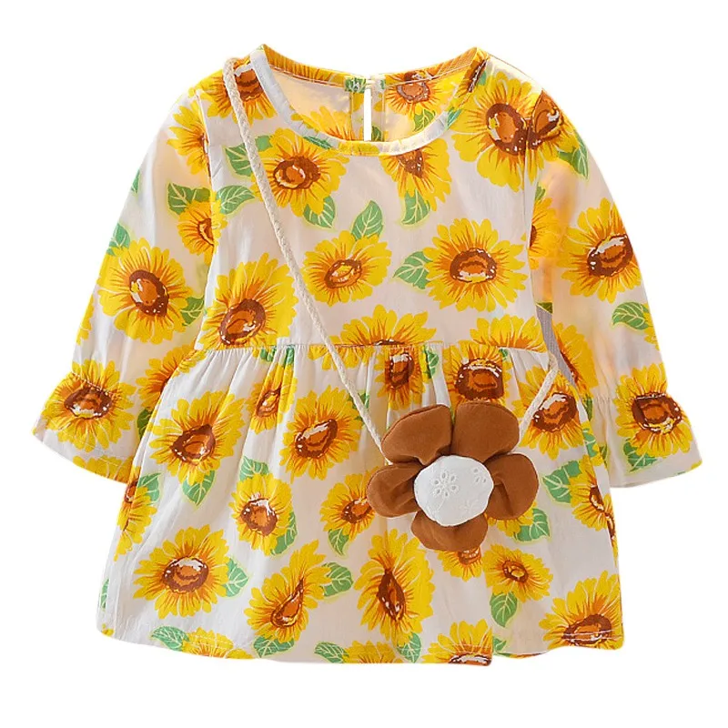

2018 Spring Autumn Toddler Girl Sunflower Dress With Long Sleeve shirt Newbron Baby Girls Princess Dress With Bag