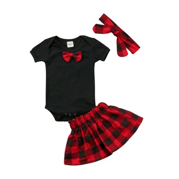

2018 Hot Sale Baby Girls Clothes Set 3pcs Newborn Infant Girl Costumes Bow black Romper Red Plaid Skirts Princess Girl Clothing