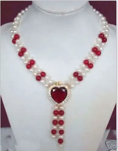 

0001204 charming ! 2Rows White Pearl & Red Ruby Heart Necklace