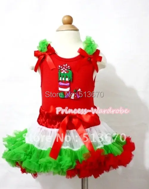 

Red Tank Top In Christmas Sock with Dark Green Ruffles Red Ribbon & X'Mas Hot Red White Dark Green Pettiskirt MACM105