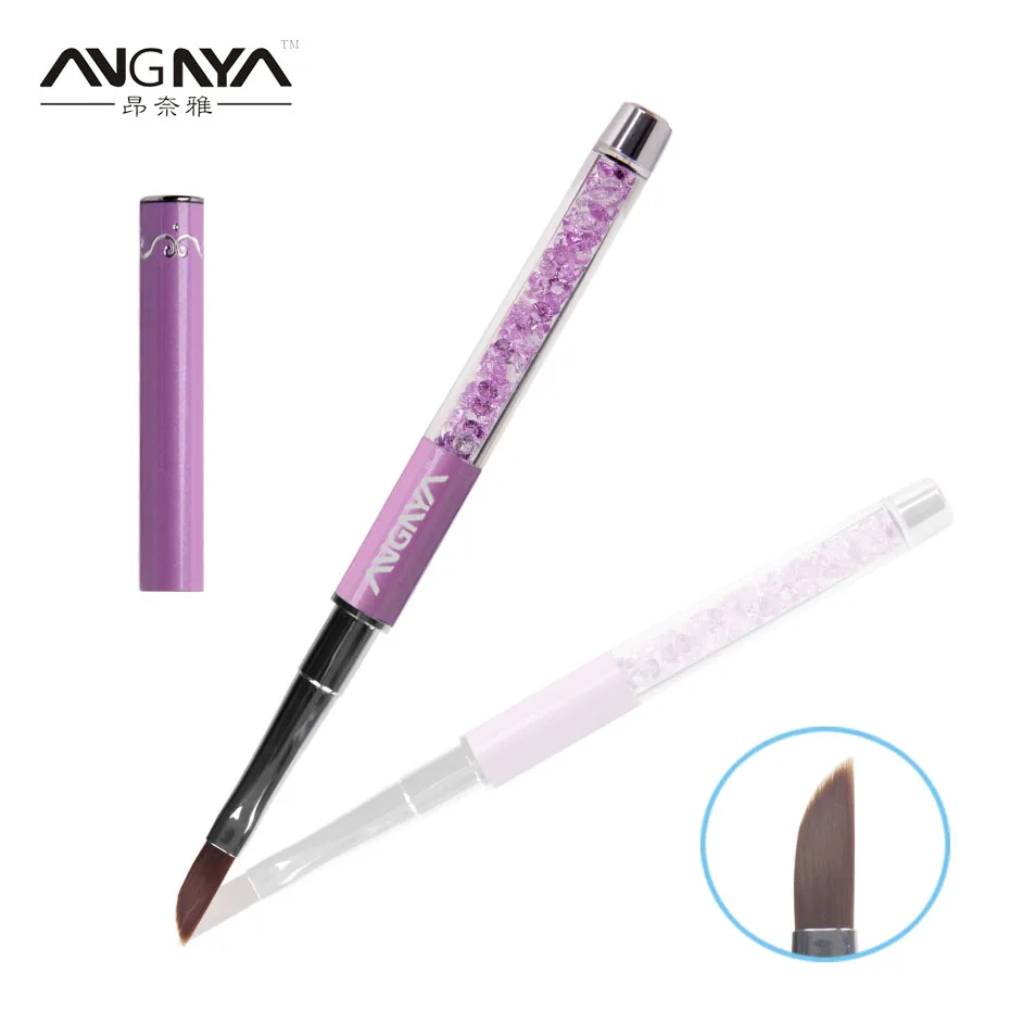 ANGNYA 1PC Unique Design Angled Long Hair Relief Nail Brush Purple Diamond Crystal Acrylic Handle Brushes