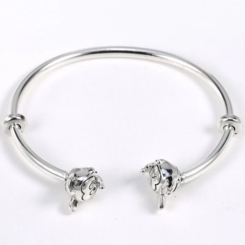 

New 925 Sterling Silver MOMENTS Open Bangle With Minnie & Mickey Caps Bangle Bracelet Fit Bead Charm Pandora DIY Jewelry