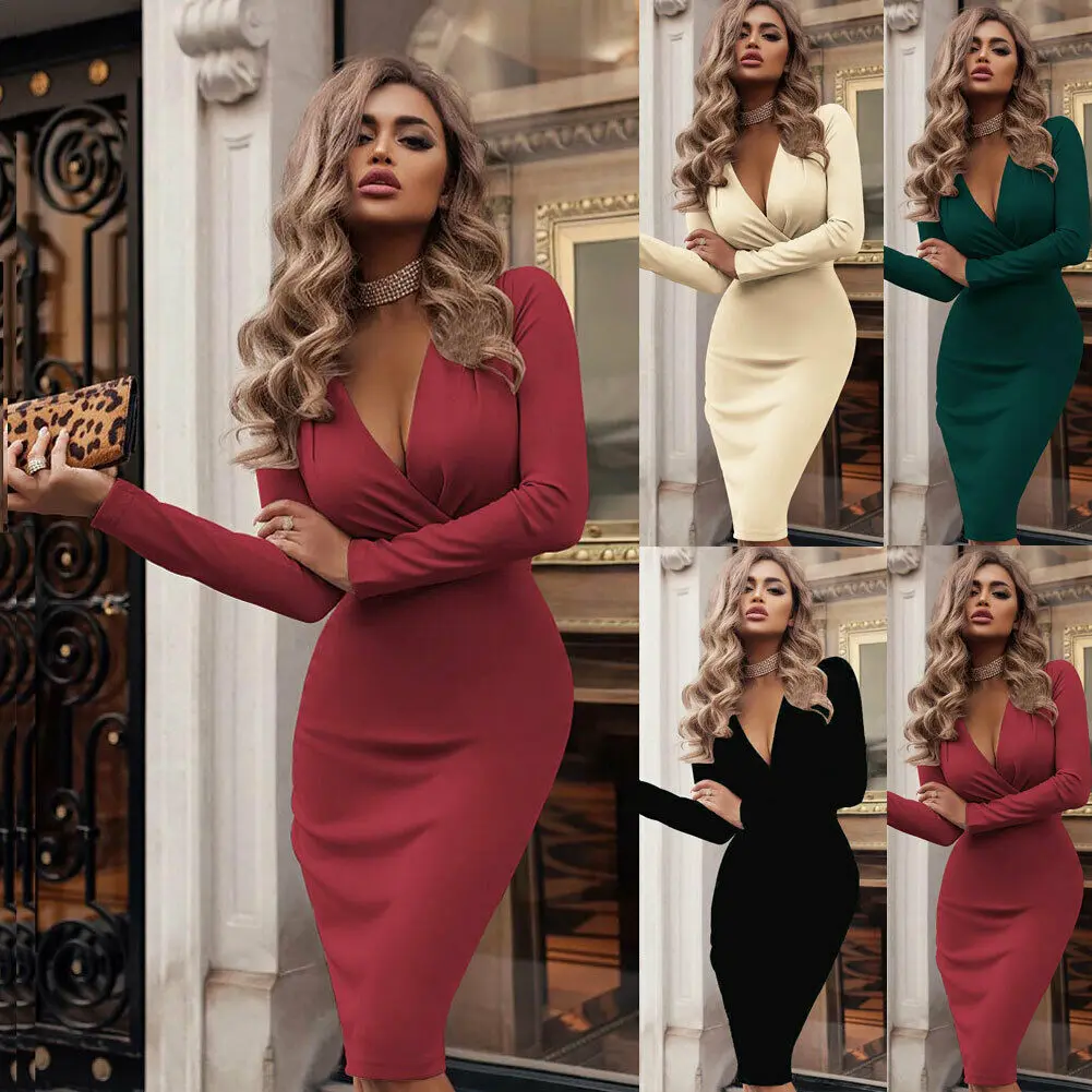 

Elegant Fashion Women Sexy Deep V Neck Bodycon Dress Evening Party Formal Long Sleeve Midi Dresses Hot Plus Size S-XXL