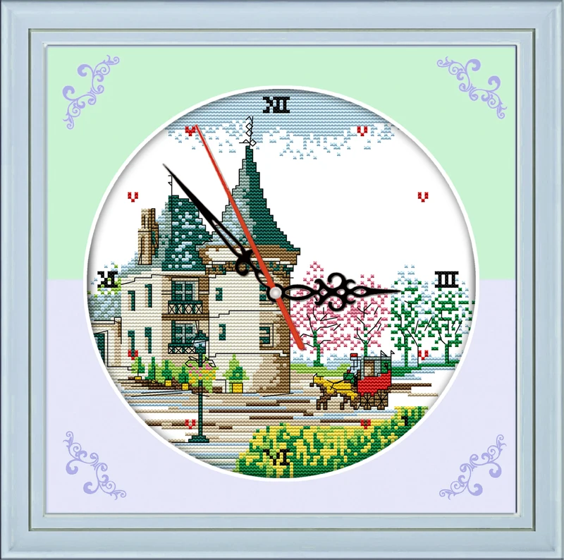 

Castle & carriage cross stitch kit 14ct 11ct count print canvas wall clock stitches embroidery DIY handmade needlework plus