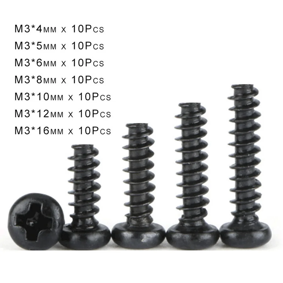 70Pcs M3 Black Round Head Phillips Screws Pan Head Self Tapping Flat