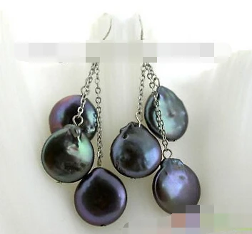 

free shipping 00208 BLACK COIN FRESHWATER PEARL DANGLE EARRING