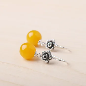 

A pairs 925 retro Sterling silver jewelry Natural yellow chalcedony semi-precious stones Earrings female girls gift with box