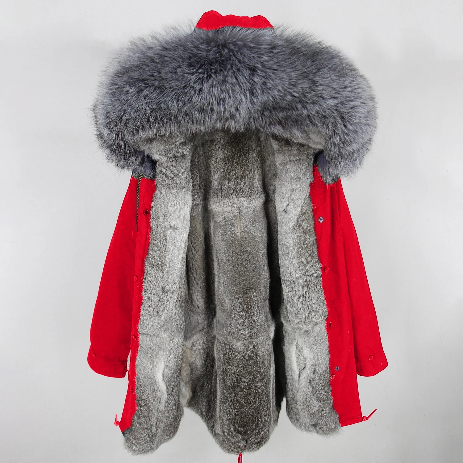 OFTBUY длинная парка зимняя куртка женская парка пальто из натурального меха енота капюшон Подкладка из натурального кроличьего меха Роскошная уличная одежда - Цвет: red silver