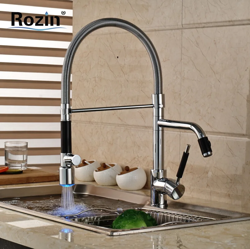 

Luxury LED Light Pull Down Kitchen Sink Faucet Deck Mount Dual Swivel Spout Kitchen Mixer Tap Chrome Finish