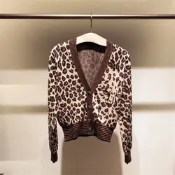 Модное женское трикотажное пальто 2019 Осень кардиганы с леопардовым принтом пальто A626