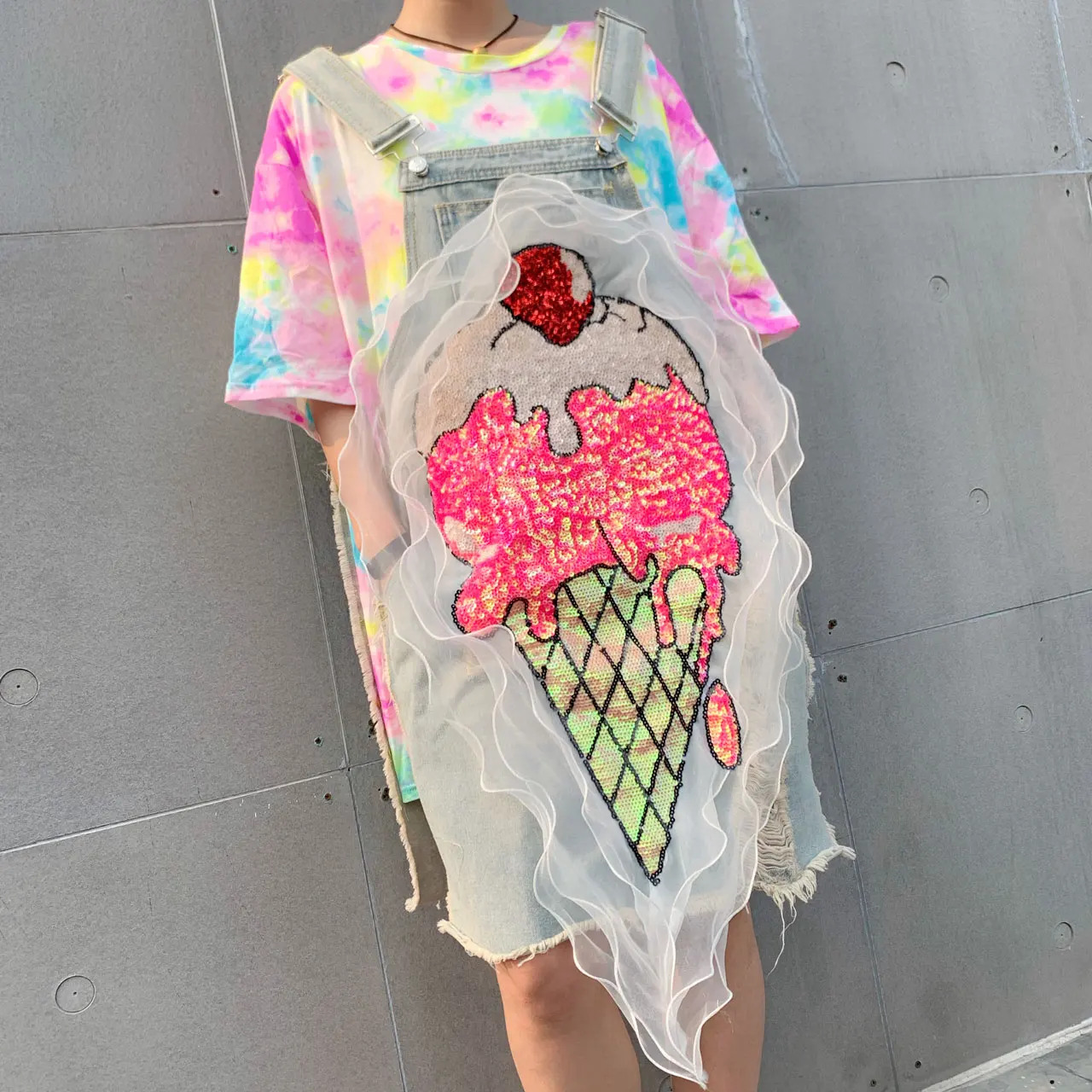 

European station tide brand 2019 summer new heavy industry ice cream mesh stitching fake two piece denim strap dress