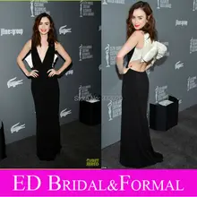 Lily Collins Open Back Prom Kleid Mantel Lange Einbau Tiefer V-ausschnitt Schwarz und Weiß Sexy Promi Abendkleid