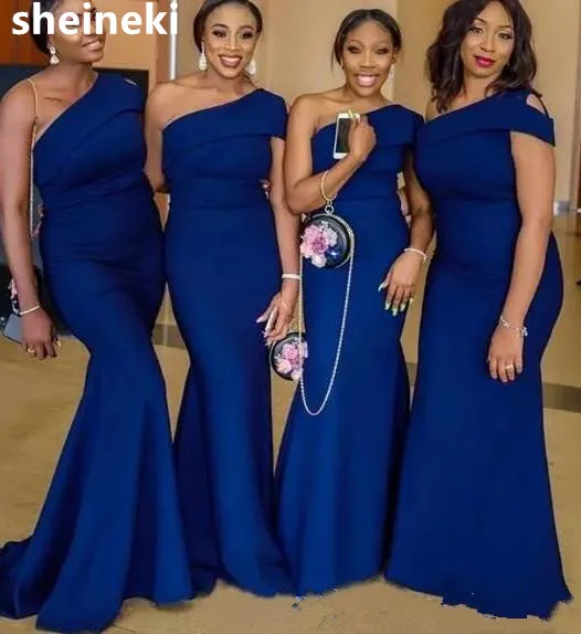 African Simple Blue One Shoulder Mermaid Bridesmaid Dresses Sweep