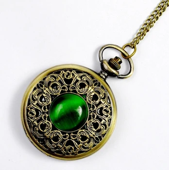 

A102 Woman Green Necklace Vintage Fashion Emerald Stone Pocket Watch Jewelry