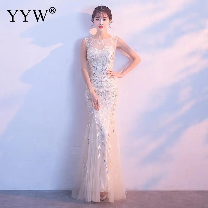 

2019 Sexy Floral Sequined Elegant Evening Dress Women Mesh Backless Sexy Mermaid Long Dress See Through Slim Formal Party Dress