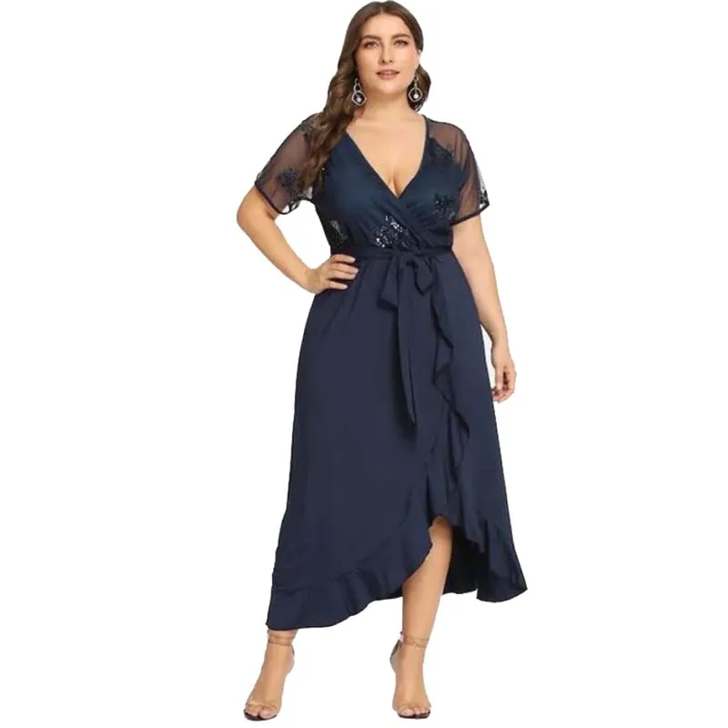 

Large size women long dresses 2019 new summer fashion sexy deep V irregular hem waist dress female three color optional