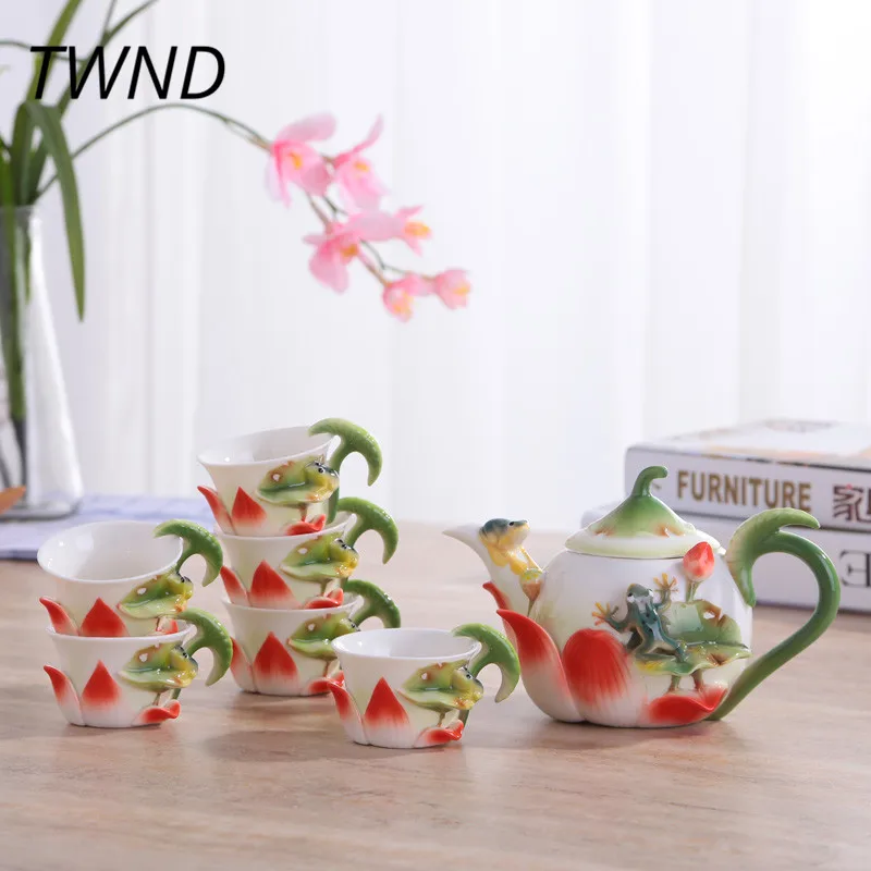 

Bone china lotus goldfish frag teapot cups with tea tray sets kung fu kettle mugs saucer tie guan yin puer tea drinkware