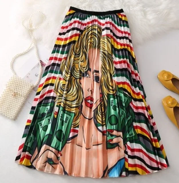Летние женские юбки s, новинка, с рисунком из мультфильма, завышенная эластичная Женская юбка миди, большие качели, вечерние, для отдыха, высокая уличная - Цвет: A15