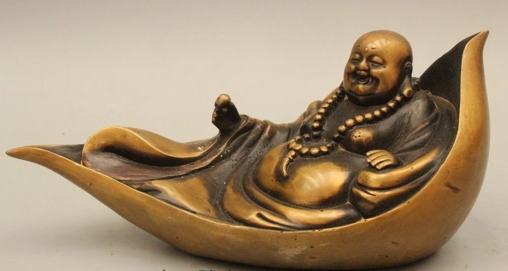 

5" Chinese Buddhism Copper Seat Happy Laugh Maitreya Buddha Statue Sculpture