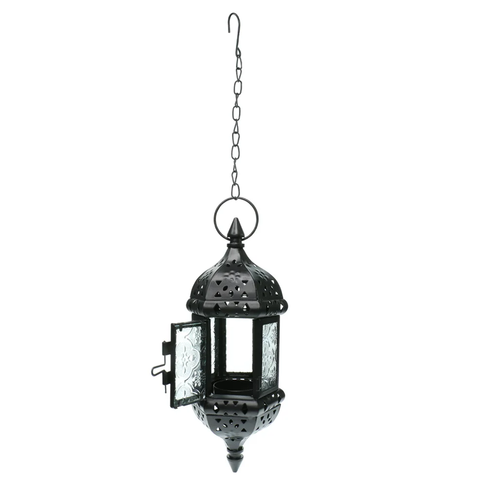 Ретро висящий свечной фонарь металлический полый люстра с 66 см цепь марокканский стиль для сада или крыльца - Цвет: Black