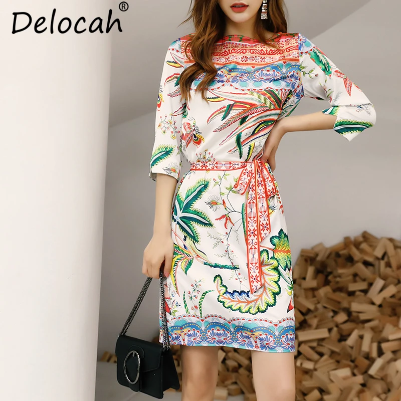 Delocah, женское весенне-летнее платье, подиум, модное, 3/4 рукав, галстук-бабочка, цветочный принт, элегантное, женское, повседневное, с сборкой на талии, мини платье
