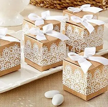 

50pcs Rustic Candy Boxes Gift Bags Shabby Chic Wedding Favour Boxes with Bow Lace Ribbon for Wedding Party Baby Shower Favor