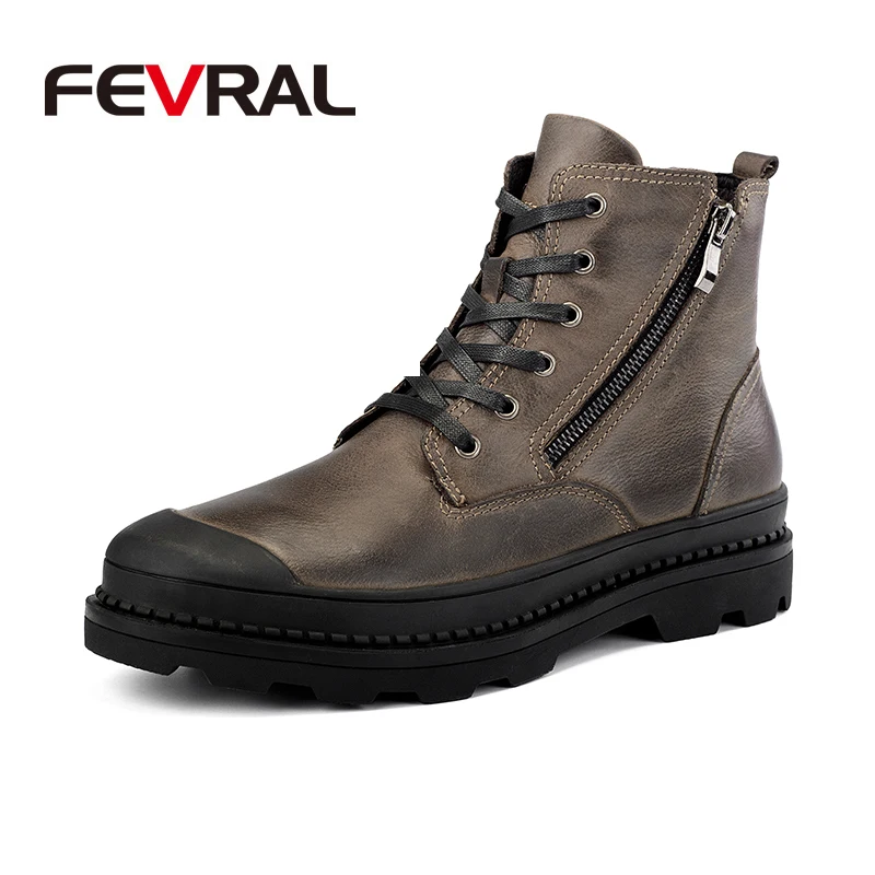 

FEVRAL Autumn Winter Men Boots 2019 New With Fur Warm Snow Boots Genuine Leather Casual Boots Fashion Men Ankle Boots Size 38~47