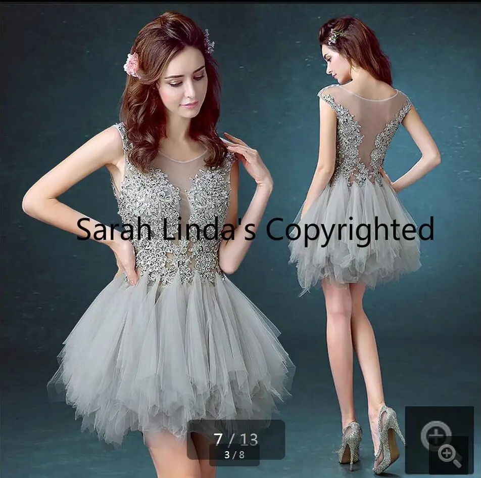 

2015 cute short little grey a line homecoming dress petite sheer back sexy homecoming gowns real picture lace appliques dress