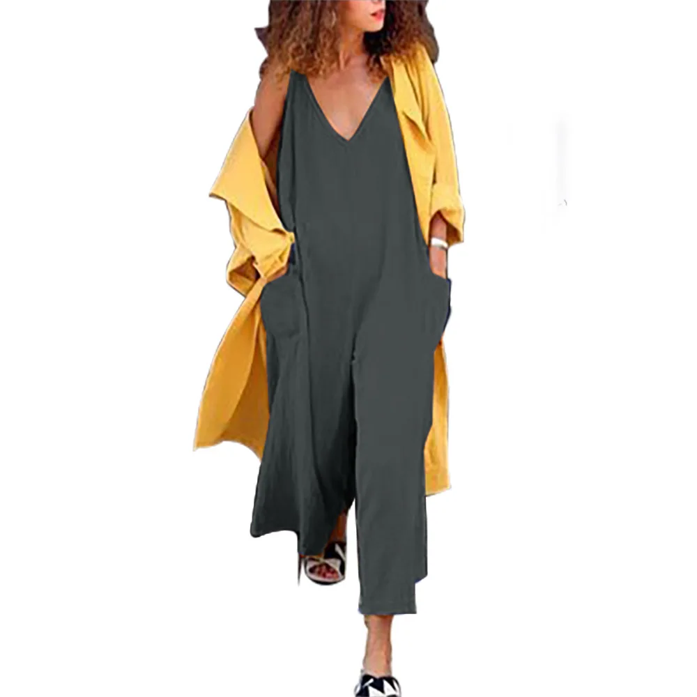 

Woman Long Jumpsuit 2019 New Summer Deep V Backless Loose Solid Yello Grey Blue Bodysuit Woman Casual Sleeveless Pocket Jumpsuit
