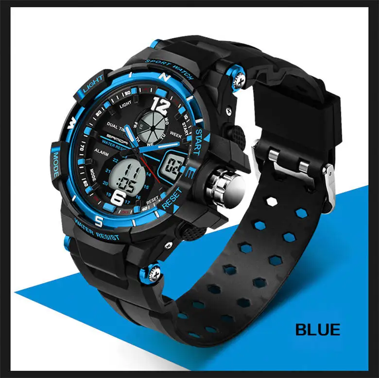 Роскошные Брендовые мужские и женские 50 м водонепроницаемые спортивные цифровые наручные часы SANDA с двойным временем, женские часы для бега и пешего туризма, светодиодные часы - Цвет: man black blue