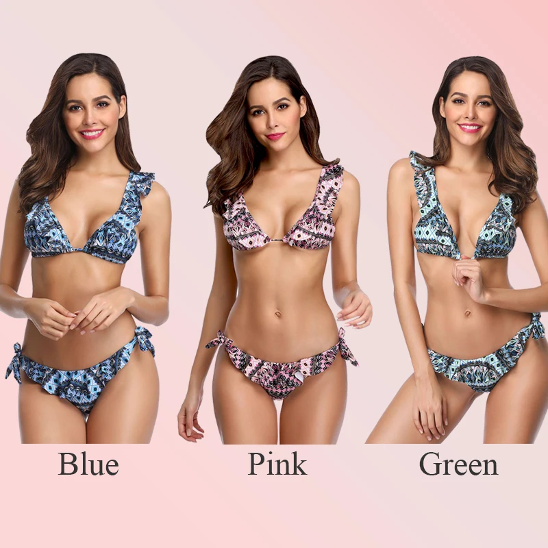 Frilled Floral Printing Backless Bathing Suit Bandeau High Waist Female Beach Swimwear Three Colors Available Biquini bikini Set