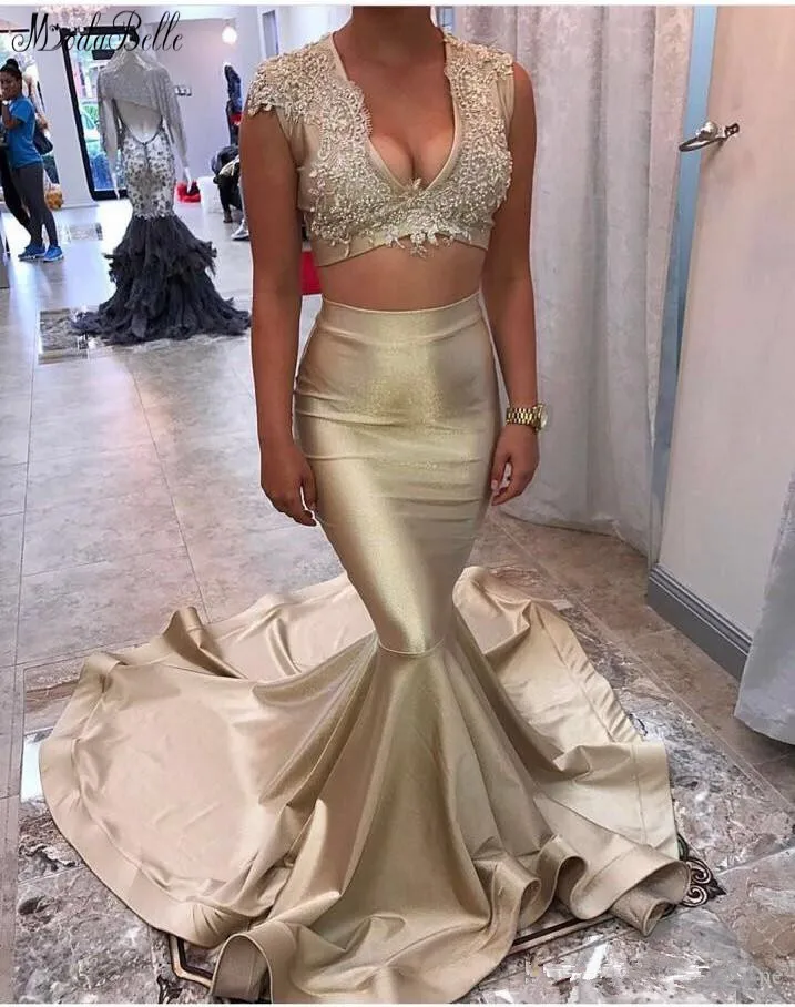 Modabelle сексуальное с v-образным вырезом из двух частей платье Vestidos De Festa cap Sleeves атласное с юбкой-русалкой Выпускные платья Vestidos Gala