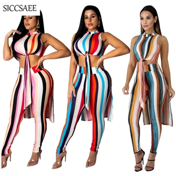

Retro Boho Vertical Striped Print Two Piece Set Asymmetrical Tops Tank Side Split Maxi Ropa Mujer Long Pants Sweat Suit Sexy
