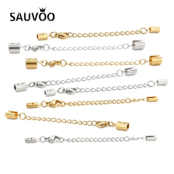 

SAUVOO 5Sets/lot Stainless Steel Extension Chain Lobster Clasps Crimp End Caps Beads Connector Chain For Diy Jewelry Findings