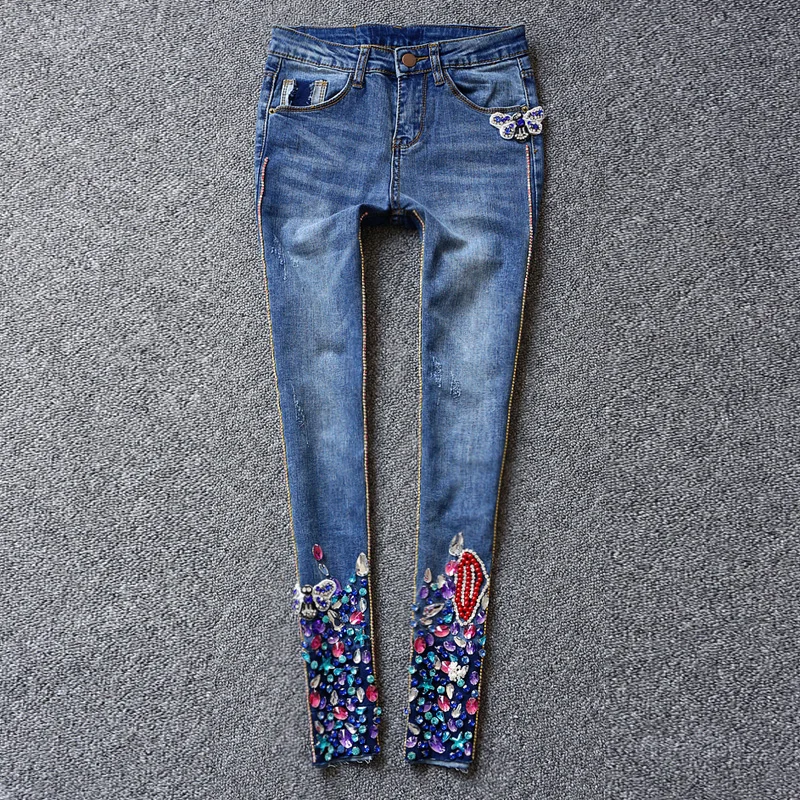 2017 Spring New Fashion Colorfull Diamond Jeans Woman Mid Waist Bleached Blue Long Denim Trouses Boyfriend Jeans Pants For Women 2017 new fashion spring