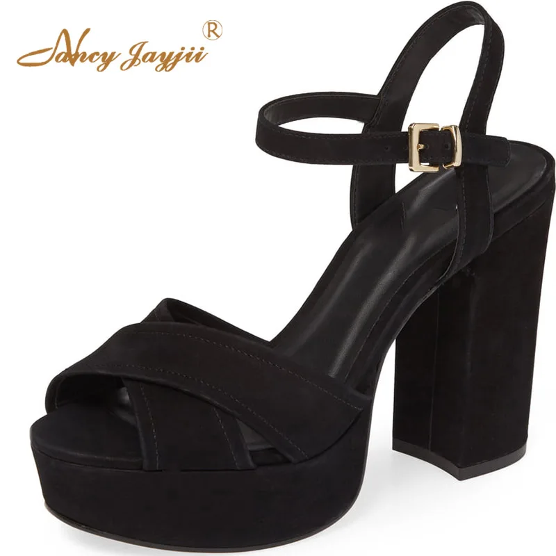 

Black Ankle Buckle Strap Platform Sandals Woman High Square Heels For Ladies Summer Dress Shoes Fashion Mature Large Size 11 16