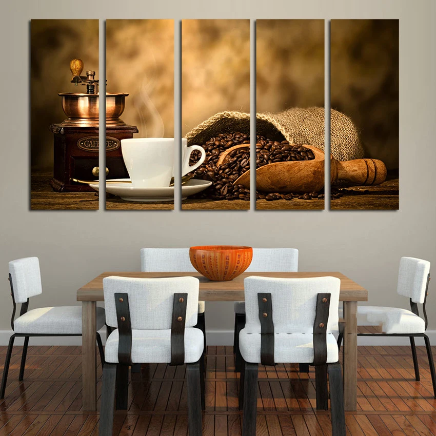 5 панель произведение современного искусства печати Caffe кофемолка чашки кофе напиток настенная живопись старый раз декор для комнат и офисов интерьер без рамки