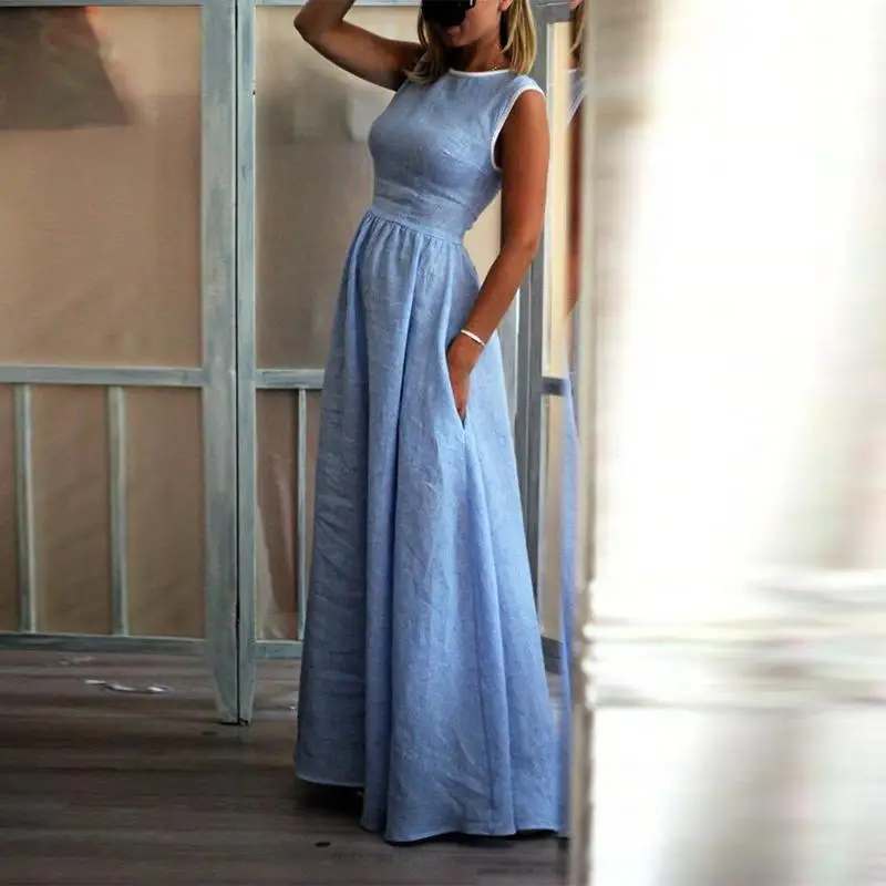 

Solid O Neck Summer Bohemian Beach Dress Sleeveless Fashion Maxi Women Dresses A-Line Vestidos Verano 2019